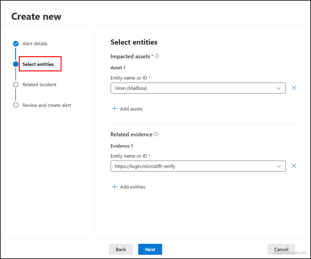 Select entities to create an incident in Microsoft Defender