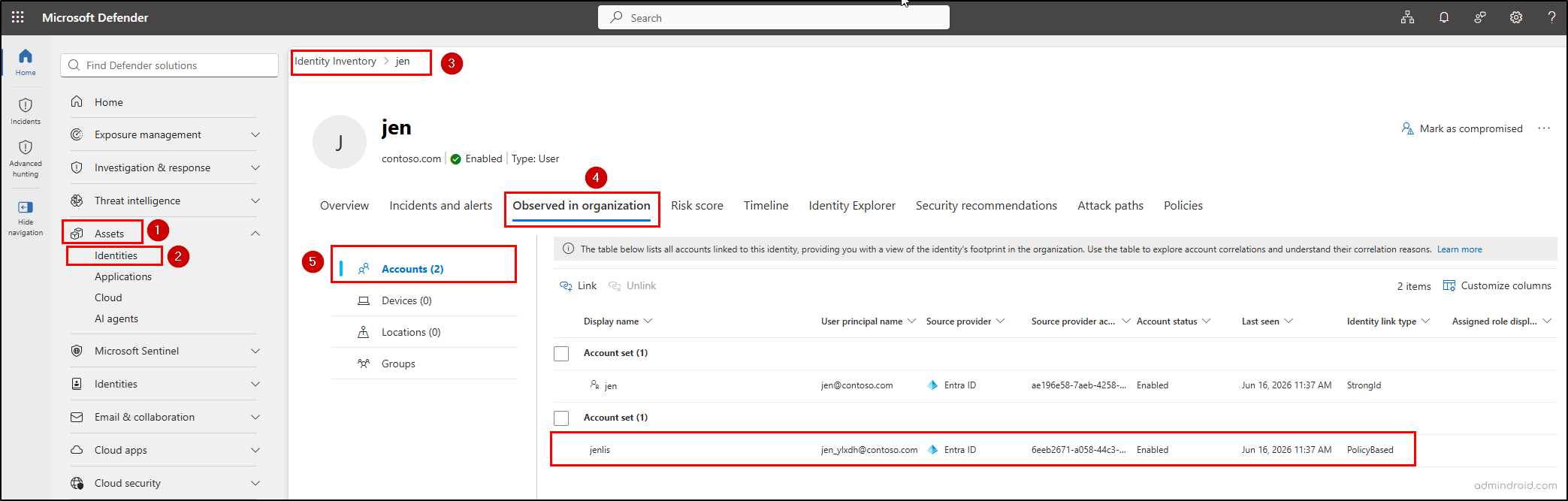 Related Accounts in Defender Identity Inventory Page