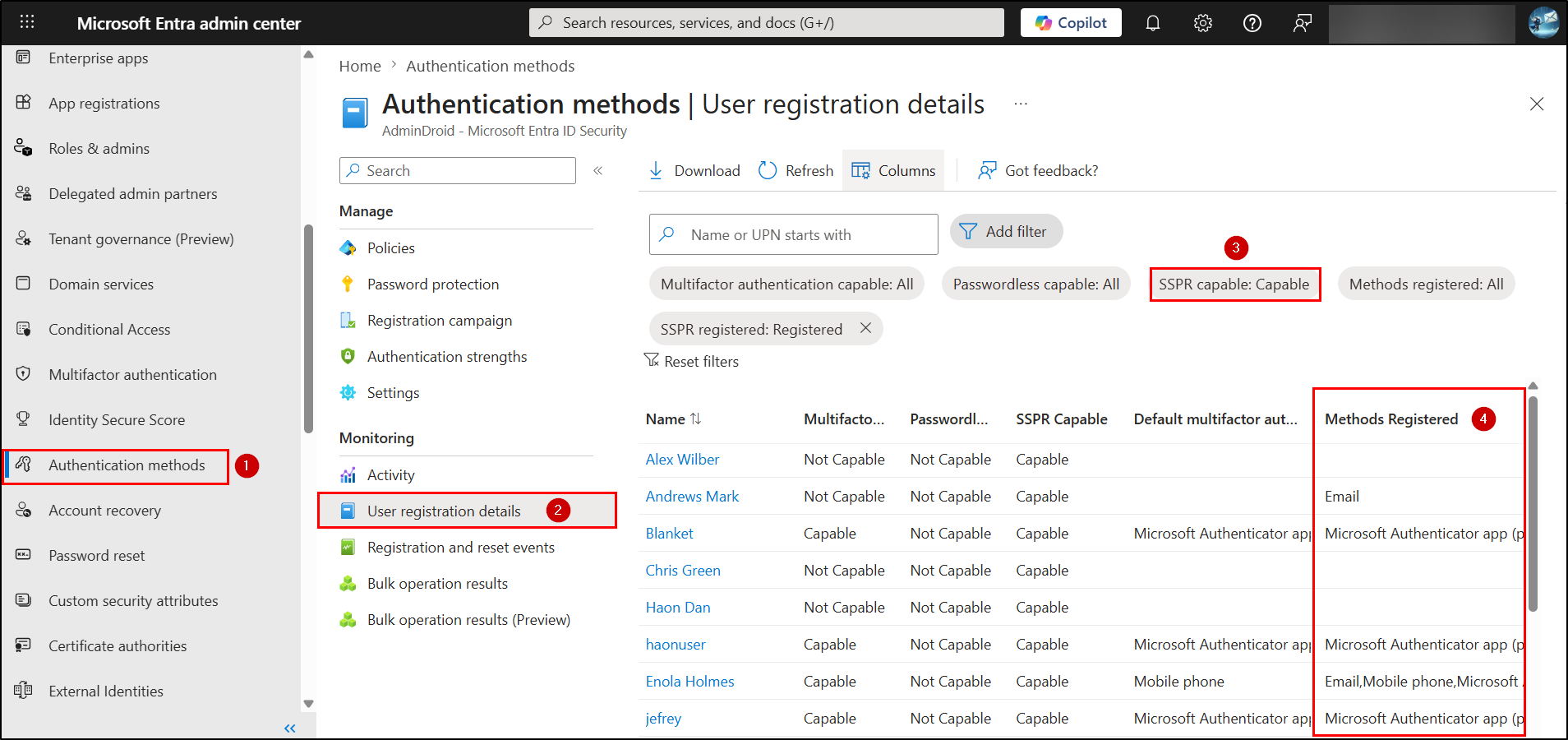 Check registered authentication methods for SSPR 