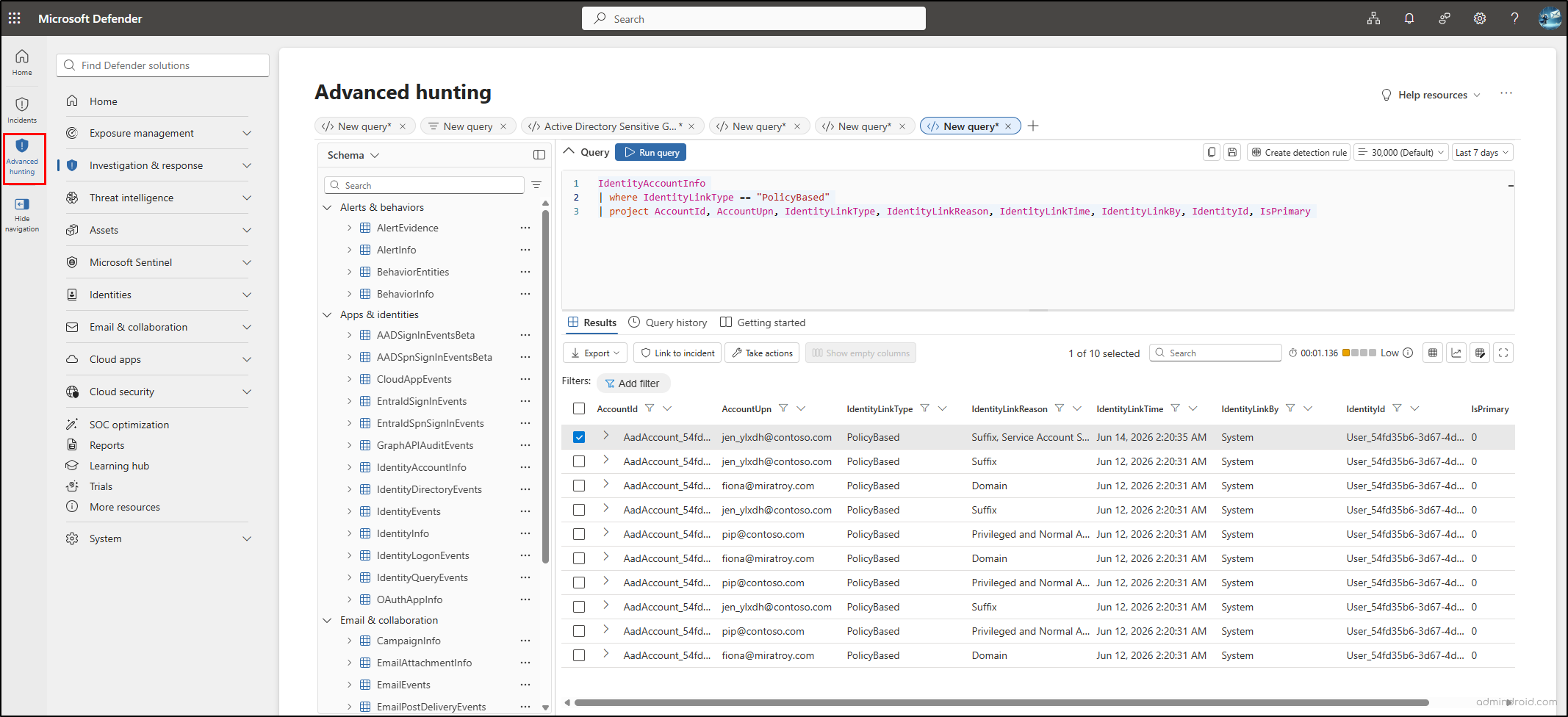 View All Policy-based Correlated Identities Using Advanced Hunting in Defender
