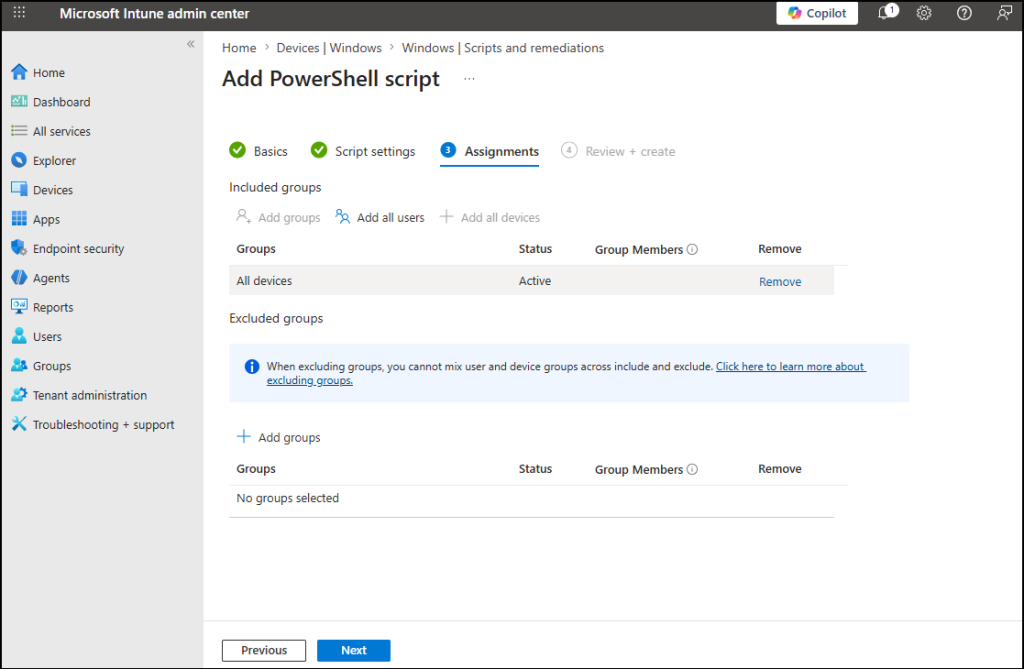 Assign users to deploy platform scripts in Microsoft Intune