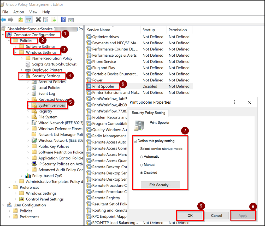 Disable print spooler using GPO