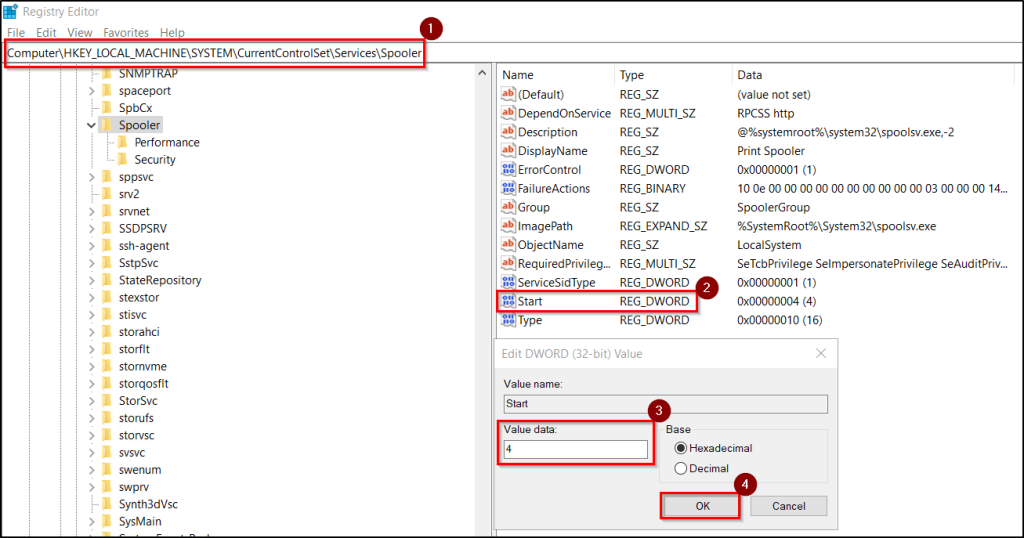 Disable print spooler using registry editor