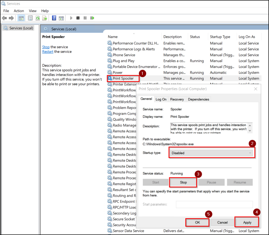 Disable print spooler using service manager