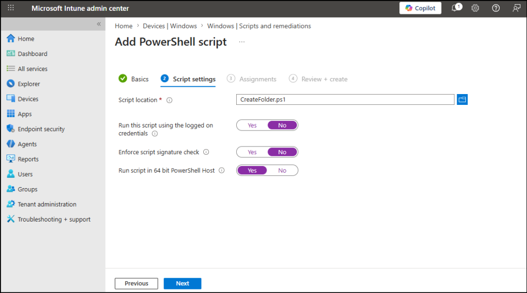 Set the script settings In Intune