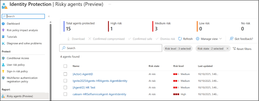Risky agents report in entra admin center
