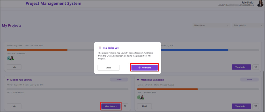 Add tasks to an empty project from my projects page