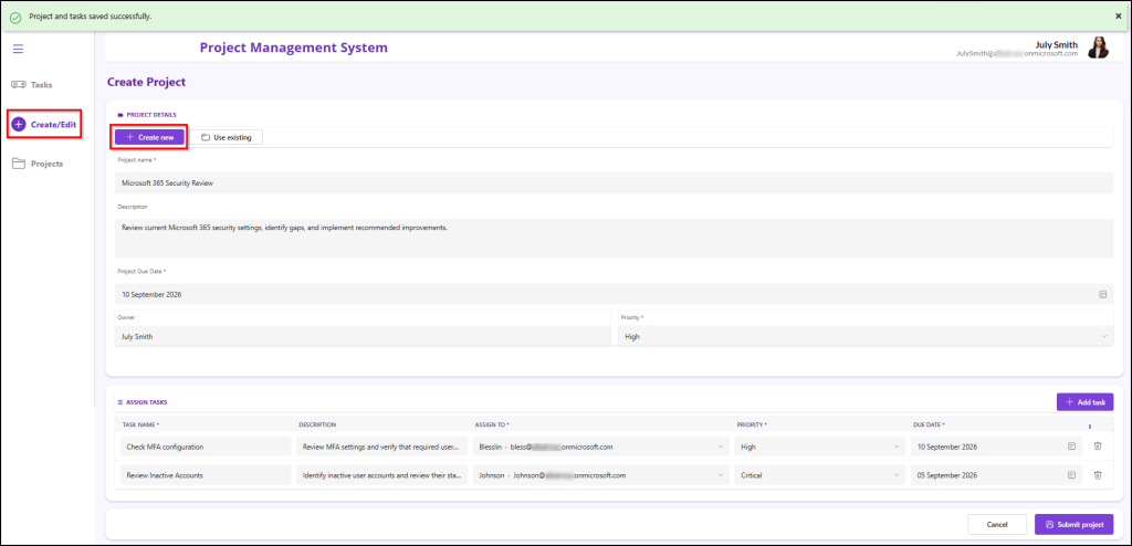 Create project and assign tasks