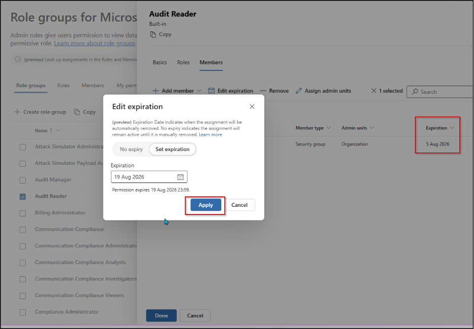 Edit Expiration for the Existing Role Group Assignments