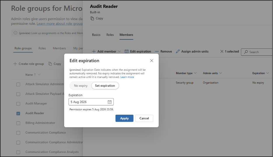Add Expiration Date for the Purview Role Group