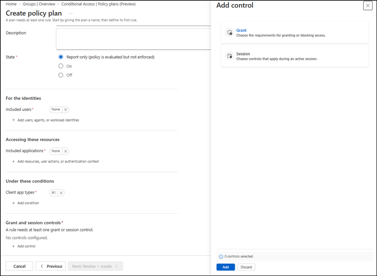 Add controls in Conditional access policy plan