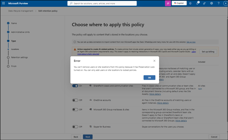Error when a location has been removed in a retention policy
