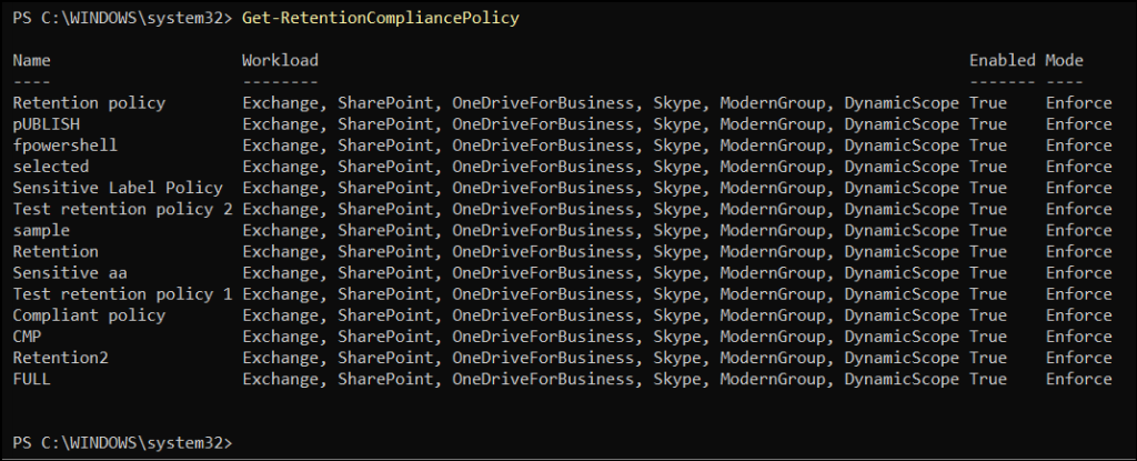 Get all retention policies in Microsoft Purview