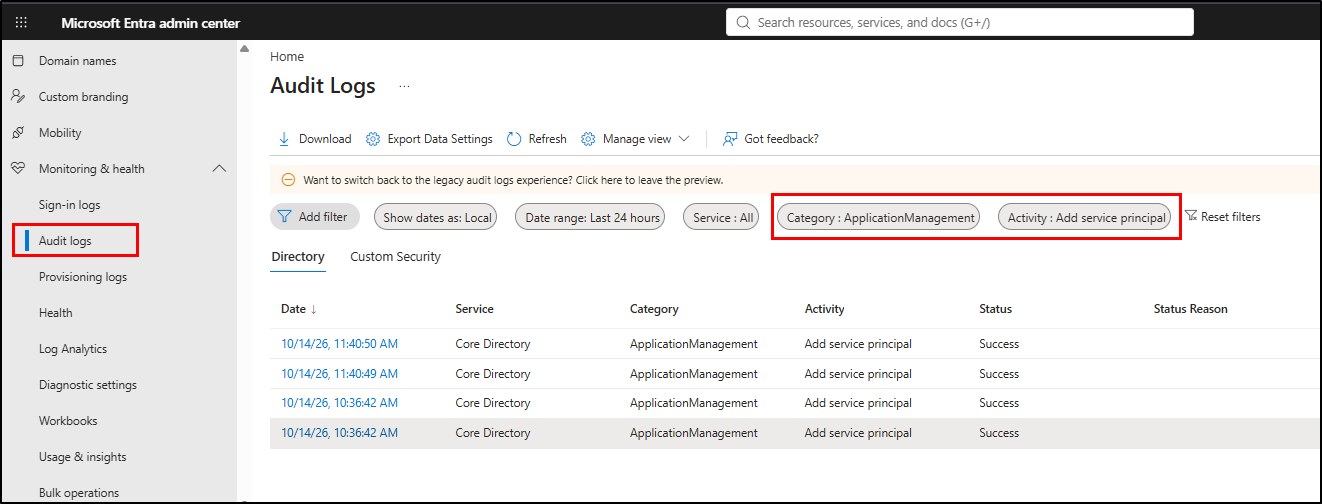 Audit logs to find affected agent identity blueprints 