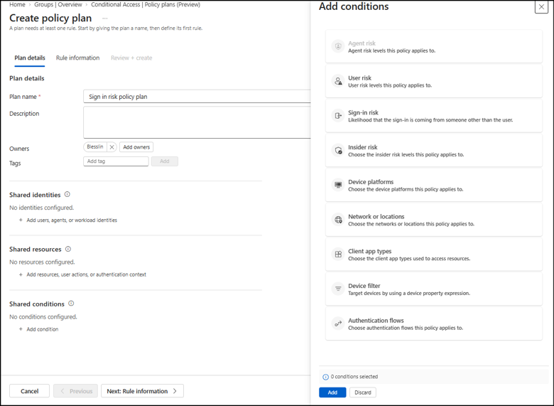configure conditions in policy plan