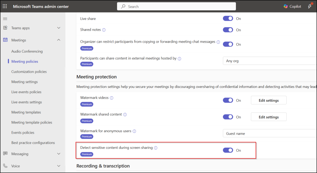 Detect Sensitive Content Detection Screen Sharing in Teams