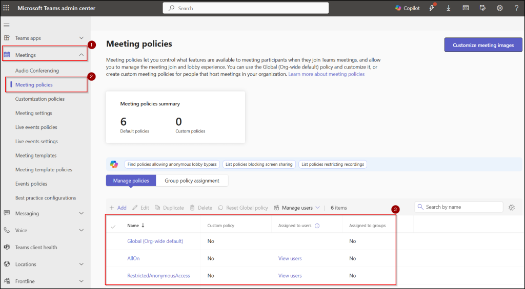 Manage Meeting Policies in Teams Admin Center