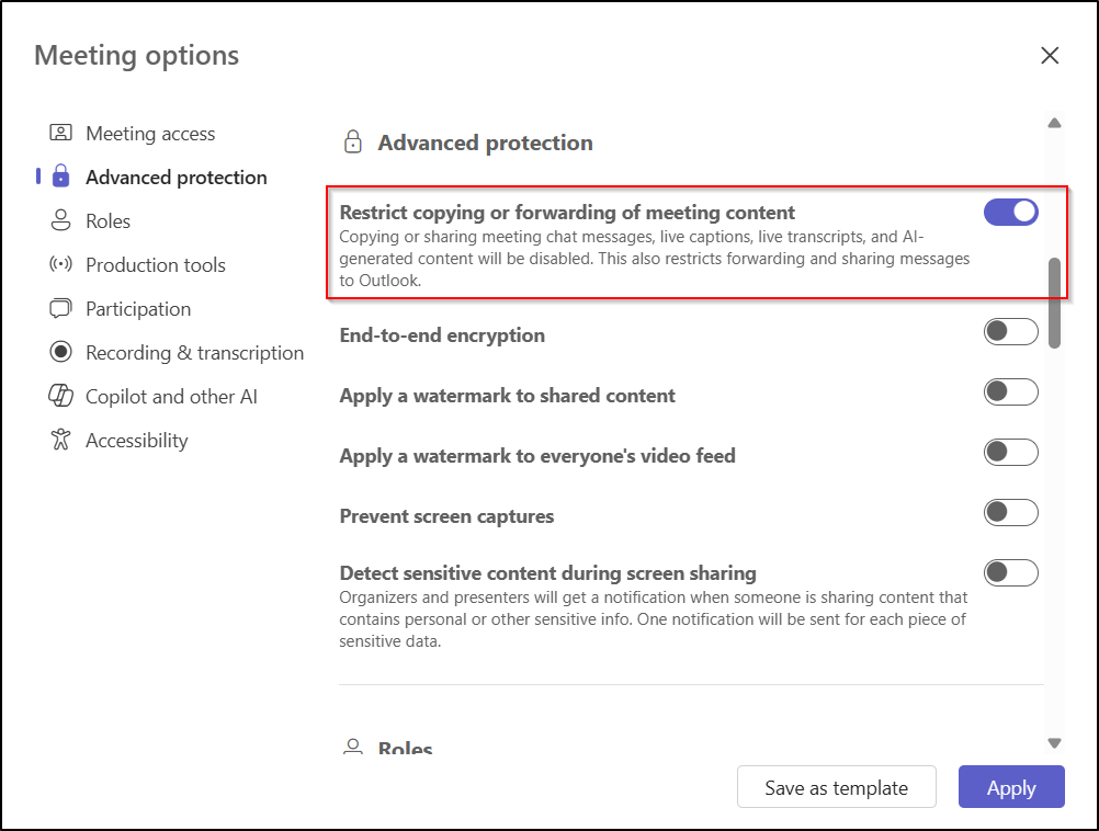 Prevent Copying and Forwarding Teams Meeting Messages