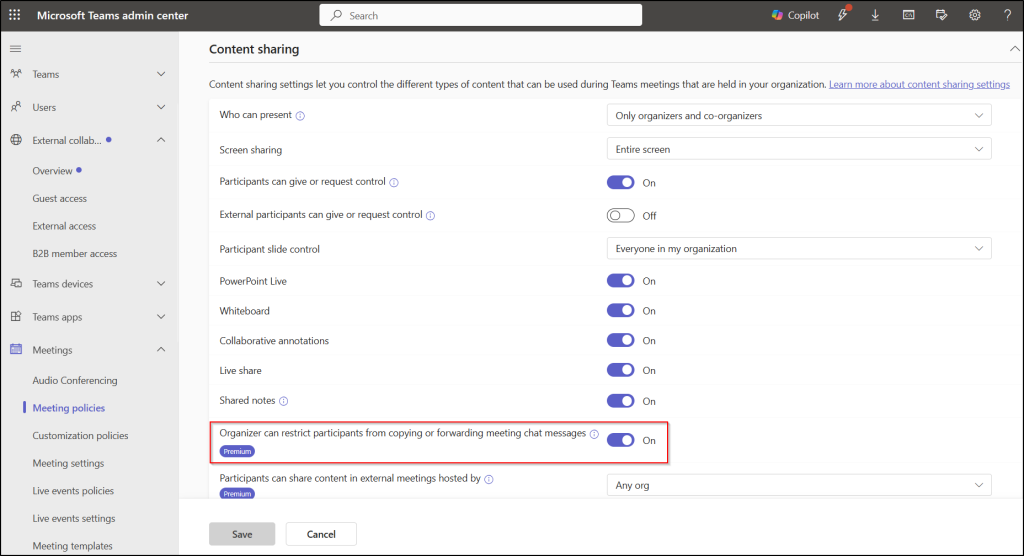 Restrict Copying and Forwarding Teams Meeting Chat Messages